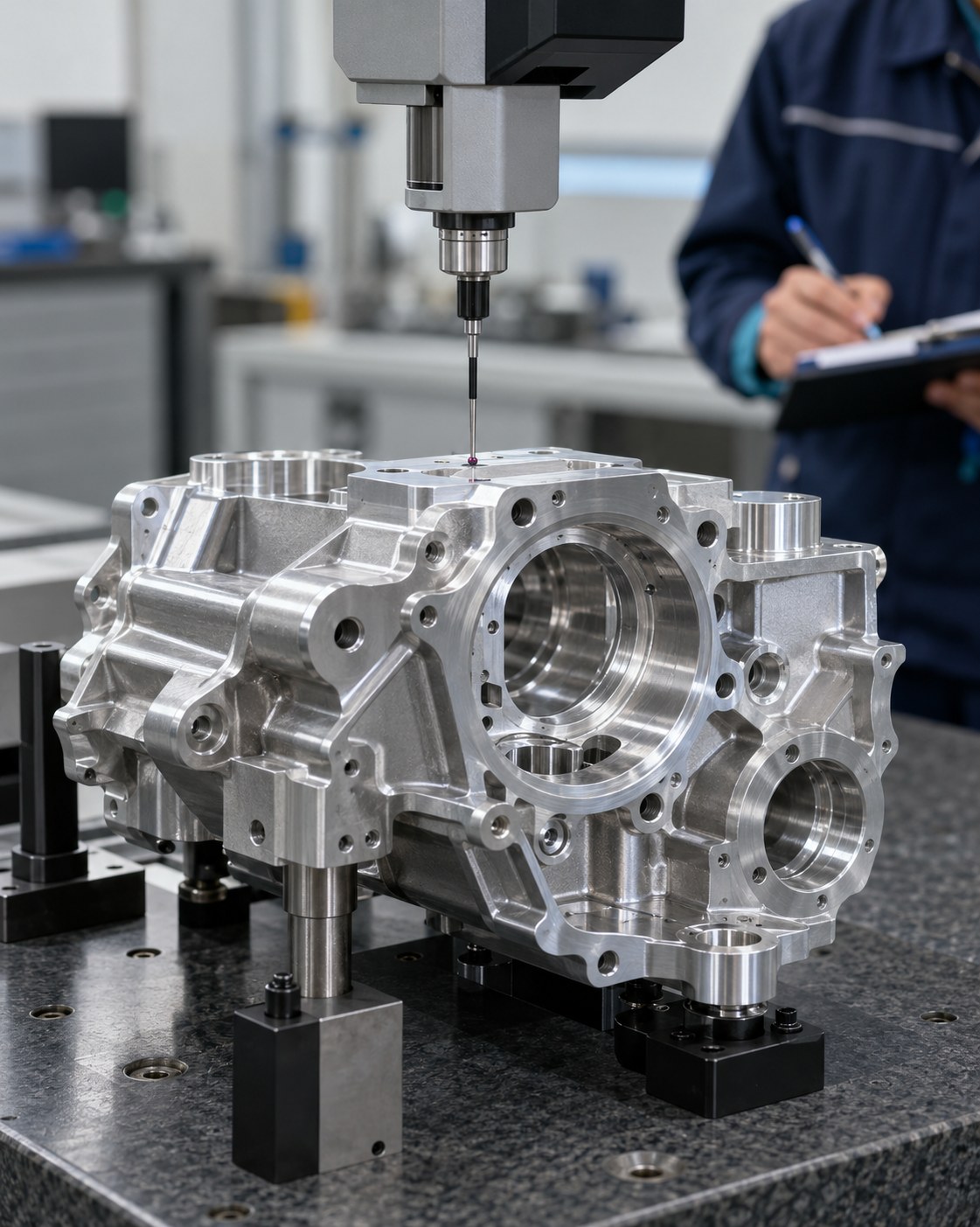 AI-generated illustration of precision measurement in an industrial quality laboratory